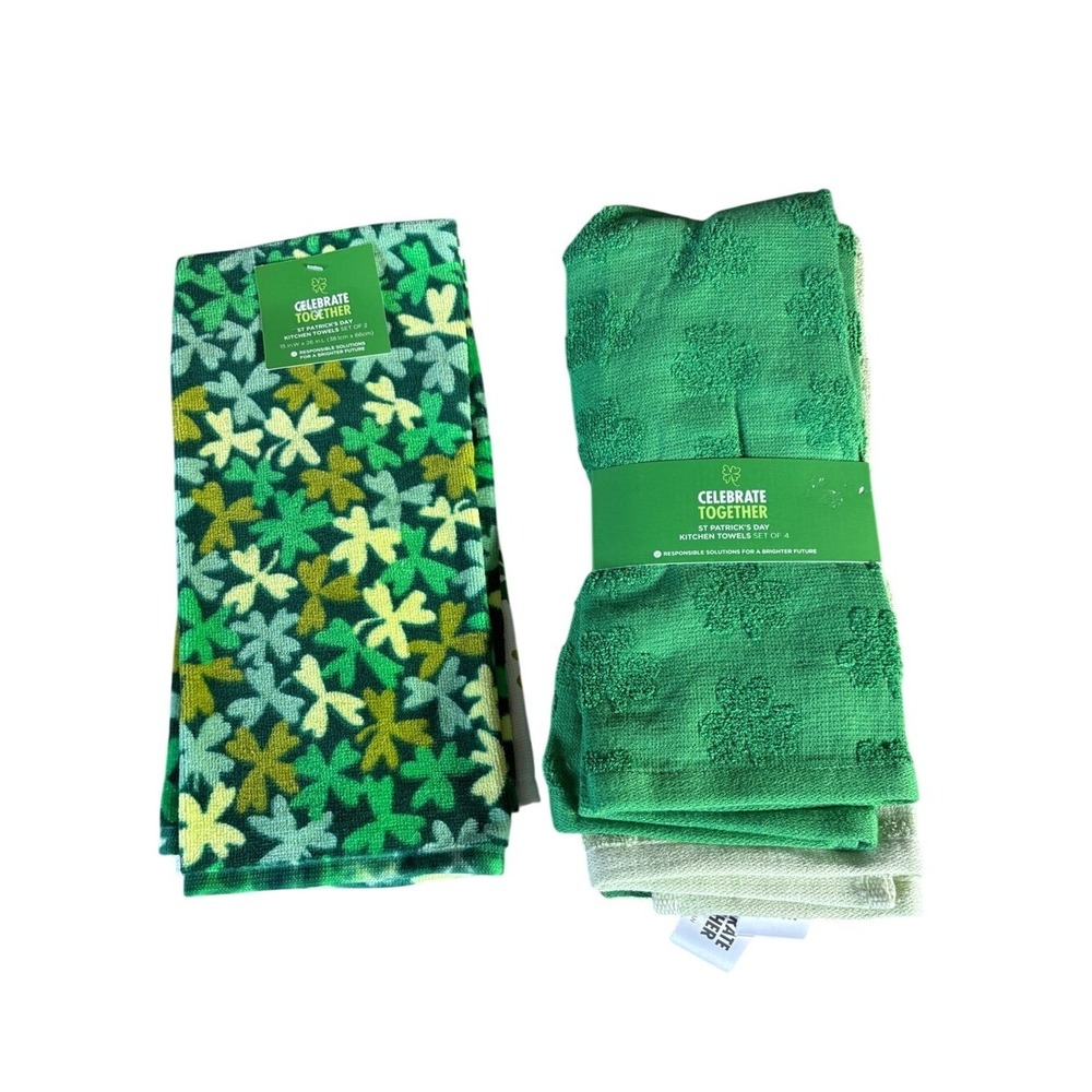 Celebrate Together St. Patrick's Day Green Kitchen Towels (6) Shamrock Pattern